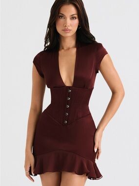 House of CB TIANNA Wine Red Ruffle Corset Dress